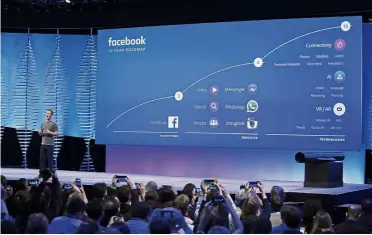  ?? — AP ?? Sharing his views: Zuckerberg talking about the company’s 10-year roadmap during a keynote address at the F8 Facebook Developer Conference in San Francisco on April 12, 2016.