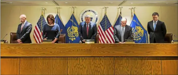  ??  ?? County Council has a decision to make concerning operation of the county prison. The current contract with Geo Group Inc. expires at the end of the year. Council is still waiting on results of a consultant’s study on prison operations. From left are Brian Zidek, Colleen Morrone, Michael Culp, John McBlain and Kevin Madden.