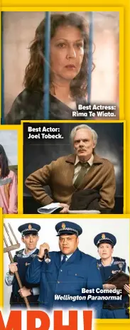  ?? ?? Best Actor: Joel Tobeck.
Best Actress: Rima Te Wiata.
Best Comedy: Wellington Paranormal
