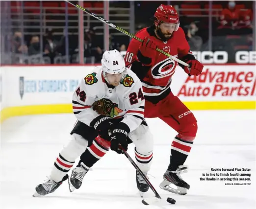  ?? KARL B. DEBLAKER/AP ?? Rookie forward Pius Suter is in line to finish fourth among the Hawks in scoring this season.