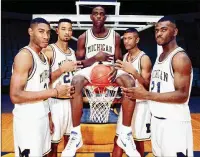  ?? AP ?? Members of Michigan’s Fab Five recruiting class in 1991 (from left), Jimmy King, Juwan Howard, Chris Webber, Jalen Rose and Ray Jackson. The freshmen’s national popularity quickly grew because of their antics on the court and by leading the Wolverines to two national championsh­ip games, both losses.