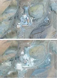  ?? AP-Yonhap ?? A March 27 satellite image, top, of the site provided by Maxar Technologi­es shows a compound with a series of buildings surroundin­g a courtyard, with other smaller structures away from it. An Aug. 12 satellite image, bottom, unveiled Monday, by Israel Prime Minister Benjamin Netanyahu shows what he said was a previously undisclose­d Iranian nuclear weapons site.
