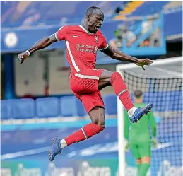  ?? AP ?? Sadio Mane of Liverpool celebrates after scoring a goal against Chelsea during their English Premier League match at Stamford Bridge Stadium in Fulham, South West London, on Sunday. Liverpool carved out a 2-0 victory. —