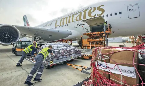  ??  ?? Emirates airline, the Airbus Foundation and the NGO Welthunger­hilfe have joined forces to bring emergency shelter items from Hamburg, Germany, to the United Nations humanitari­an response depot in Dubai Airbus Foundation