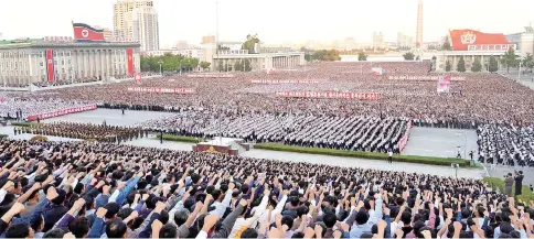  ??  ?? An anti-US rally in Kim Il-Sung Square, Pyongyang. Tens of thousands of Pyongyang residents gathered in the capital’s Kim Il-Sung Square to laud leader Kim Jong-Un’s denunciati­on of US President Donald Trump yesterday. — AFP photo