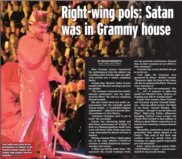  ?? INVISION/AP ?? Sam Smith wore horns for his performanc­e of “Unholy” at the Grammy Awards Sunday, and various right-wingers took him seriously.