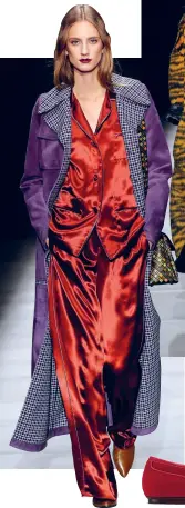  ??  ?? CLOCKWISE FROM LEFT: SILK PYJAMAS TO WEAR OUT OR LOUNGE IN; A WOOL COAT AS OPULENT AS A SATIN ROBE; SILVER CHAIN EMBROIDERY LENDS SPARKLE TO A JACKET; THE TAMBURA TOTE; SUEDE LOAFERS CHANNEL LUXE IN JEWEL HUES; OPPOSITE PAGE: THE SET OF BOTTEGA VENETA’S AW18 RUNWAY SHOW; TOMAS MAIER