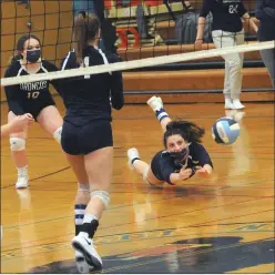  ?? Photo by Ernest A. Brown ?? Burrillvil­le senior outside hitter and team captain Kara Cournoyer (6) dives to dig a ball during the Broncos’ five-game defeat to Johnston Wednesday night.