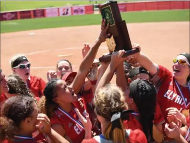  ?? ERIC BONZAR — THE MORNING JOURNAL ?? The Elyria Pioneers raise the team’s Division I state championsh­ip trophy after defeating the Lebanon Warriors in a wild finish, 4-3, on June 3.