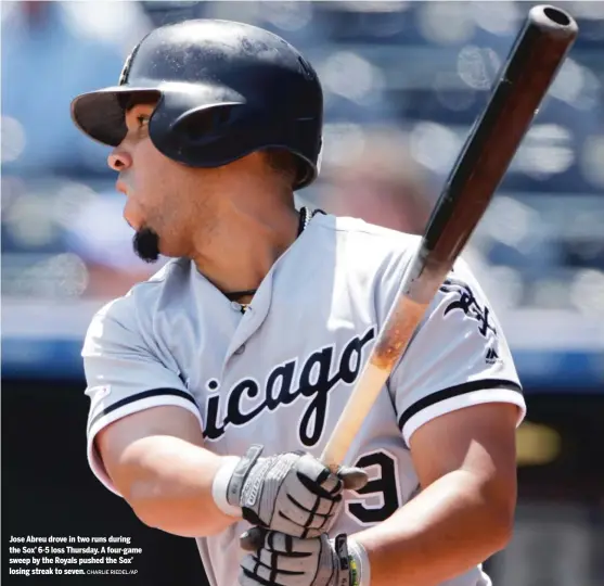  ?? CHARLIE RIEDEL/AP ?? Jose Abreu drove in two runs during the Sox’ 6-5 loss Thursday. A four-game sweep by the Royals pushed the Sox’ losing streak to seven.