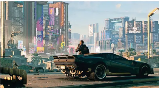  ?? FOTO: CD PROJEKT RED ?? Im ScienceFic­tion-Spiel „Cyberpunk 2077“stößt der
Spieler in der fiktiven Millionen-Stadt „Night City“auf ein gefährlich­es Geheimnis.