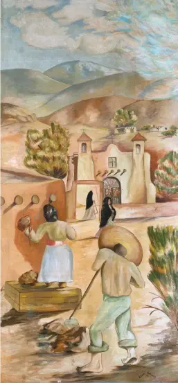  ??  ?? Eliseo Rodriguez (1915-2009), Untitled (New Mexico Scene),1940, oil on Masonite, 99¾ x 45¾" Estimate: $70/100,000