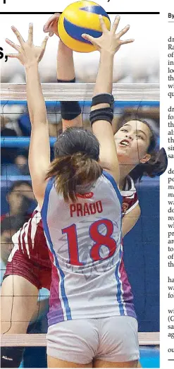  ?? JUN MENDOZA ?? Jovielyn Prado of Arellano U reaches out to foil Perpetual Help Cindy Imbo’s bid for a kill.