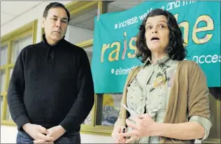 ?? GERRY KAHRMANN/ PNG ?? Jagrup Brar and Stacey Bonenfant speak at a press conference Monday with single parents struggling on welfare. Brar has a week left of living on the welfare rate, but little money left for food.