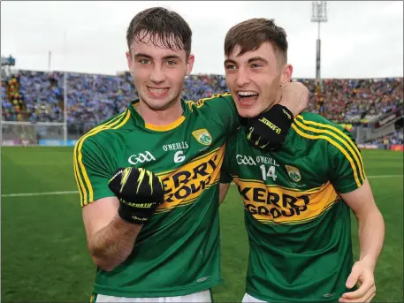  ??  ?? David Naughton, left, and David Shaw of Kerry celebrate following their side’s victory during the Electric Ireland GAA Football AllIreland Minor Championsh­ip Final match between Kerry and Galway at Croke Park in Photo by Seb Daly / Sportsfile