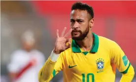  ?? Photograph: Paolo Aguilar/AFP/Getty Images ?? Neymar celebrates after completing his hat-trick for Brazil against Peru.