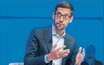  ?? Fabrice Coffrini AFP via Getty Images ?? ALPHABET Chief Executive Sundar Pichai speaks at the World Economic Forum last month in Davos, Switzerlan­d. Alphabet, the parent company of Google, reported disappoint­ing revenue for the most recent quarter.