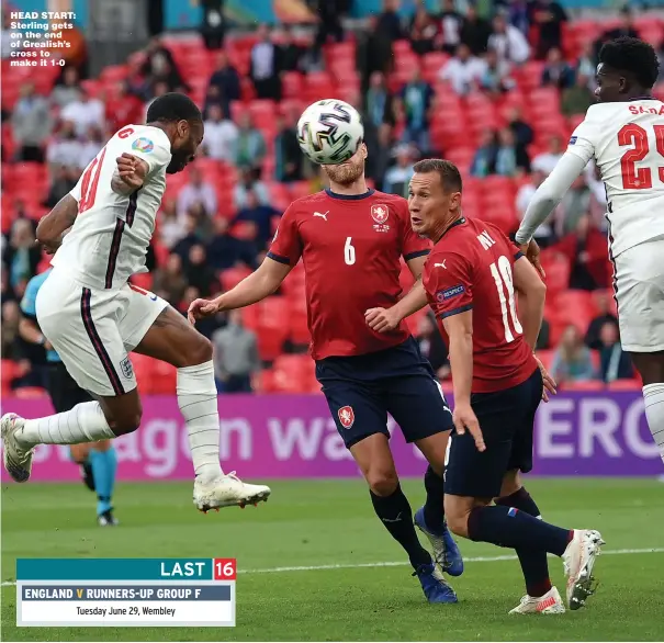  ??  ?? HEAD START: Sterling gets on the end of Grealish’s cross to make it 1-0