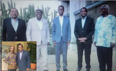  ??  ?? Zambian president-elect Hakainde Hichilema (second from right) yesterday met outgoing President Edgar Lungu (centre) in the presence of former Presidents Rupiah Banda (second from left, Zambia), Jakaya Kikwete (left, Tanzania) and Ernest Bai Koroma (Sierra Leone). The latter two were part of the African Union observer mission for the just-ended elections. Inset: MDC Alliance leader Nelson Chamisa and Hichilema.