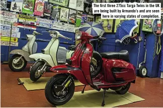  ??  ?? The first three 275cc Targa Twins in the UK are being built by Armando’s and are seen here in varying states of completion.