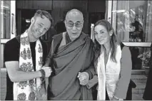  ?? VEN. TENZIN JAMPHEL/OFFICE OF HIS HOLINESS ?? The Dalai Lama, center, with Abraham Kunin, left, and Junelle Kunin. The spiritual leader’s “Inner World, features teachings and mantras set to music.