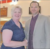  ?? SALLY COLE/THE GUARDIAN ?? Donna Earl, executive director, P.E.I. Military Family Resource Centre, welcomes Doug Allen, operations and recruitmen­t co-ordinator for the Atlantic Region’s Veterans Transition Network, who presented an informatio­n session at HMCS Queen Charlotte...