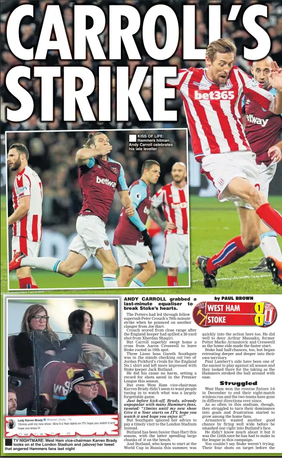  ??  ?? (above) KISS OF LIFE: Hammers hitman Andy Carroll celebrates his late leveller