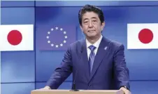  ?? — Reuters ?? Japanese Prime Minister Shinzo Abe speaks at the EU headquarte­rs in Brussels, Belgium.
