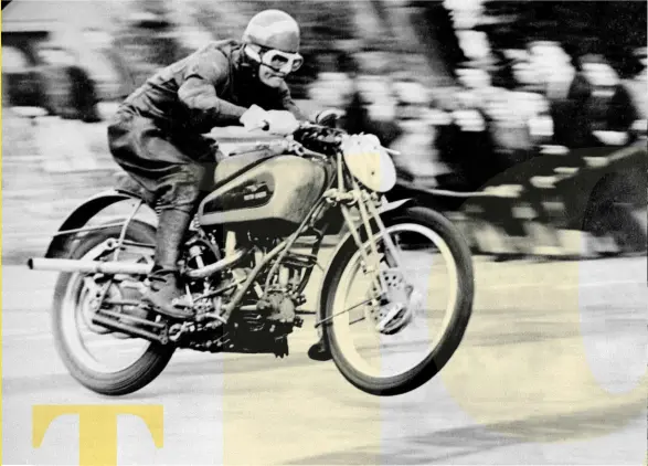  ??  ?? Freddie Frith on the Guzzi was a contender for the 1947 Senior, but a broken brake torque arm threw him off in practice