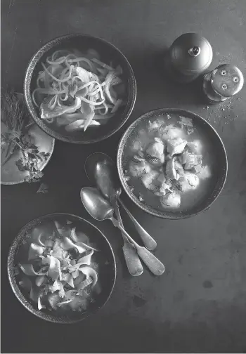  ??  ?? Top, Asian Chicken Noodle Soup. Centre, Chicken Soup with Dumplings and Dill. Bottom, Classic Chicken Noodle Soup.