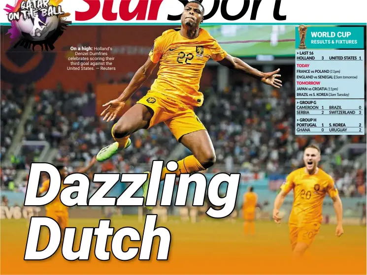  ?? — Reuters ?? On a high: Holland’s Denzel Dumfries celebrates scoring their third goal against the United States.