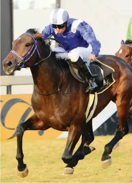  ?? Picture: JC Photograph­ics ?? LATE RUN: Pietro Macagni and jockey Randall Simons win at Turffontei­n on Saturday. Trainer Mike de Kock subsequent­ly supplement­ed the fouryear-old into the R750,000 World Sports Betting Grand Heritage, for which he has been allotted top weight of 62kg and priced up at 9-2.