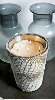  ??  ?? I have a huge collection of scented candles. Baobab’s are my current favourite. They smell and look glamorous. This one has a beautiful textured pot. Lighting candles is part of my evening relaxation ritual, along with my bath and meditation.