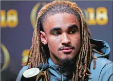  ?? JOHN BAZEMORE/AP PHOTO ?? Alabama quarterbac­k Jalen Hurts speaks during media day on Saturday in Atlanta. Georgia and Alabama will be playing for the NCAA football national championsh­ip tonight.