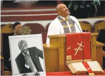  ?? KARL MONDON/STAFF ?? Pastor Calvin Jones Jr. eulogizes Nate Thurmond during a memorial service Monday at Providence Baptist Church in San Francisco.