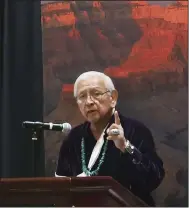  ?? (AP/Felicia Fonseca) ?? Former Navajo chairman and president Peterson Zah speaks to a crowd gathered to honor his work in promoting Navajo language and culture, inspiring youth and strengthen­ing tribal sovereignt­y last year at the Navajo Nation casino east of Flagstaff, Ariz.