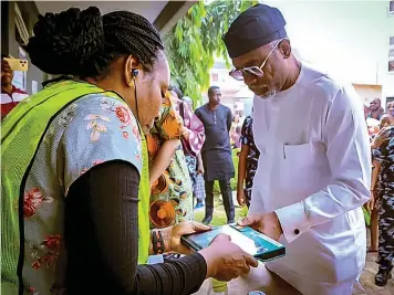  ?? ?? Chief of Staff to the President, Femi Gbajabiami­la, casting his vote at Polling Unit 014, Ward 08 during the byeelectio­n at Elizabeth Fowler Memorial Primary School, Surulere, Lagos... yesterday.