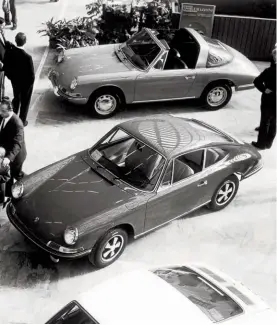  ??  ?? Above right: 1967 Turin motor show – note how the Targa was invariably displayed with steel wheels and hubcaps, unlike the coupé 911 with its Fuchs aluminium wheels