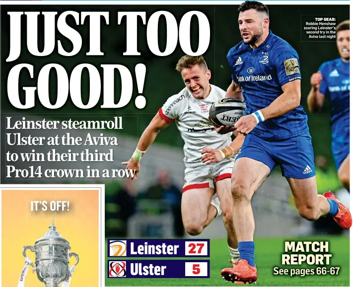  ??  ?? TOP GEAR:
Robbie Henshaw scoring Leinster’s second try in the Aviva last night