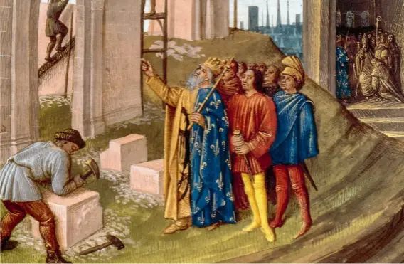  ??  ?? L'empereur carolingie­n Charlemagn­e (règne 768- 814) fait édifier l'église d'aixla- Chapelle et différente­s églises et abbatiales. Enluminure de Jean Fouquet extraite de Grandes Chroniques de France, vers 1455-1460.
