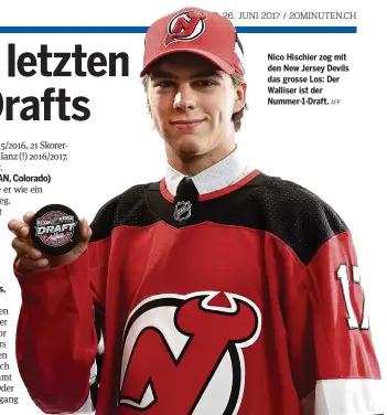  ?? AFP ?? Nico Hischier zog mit den New Jersey Devils das grosse Los: Der Walliser ist der Nummer-1-Draft.