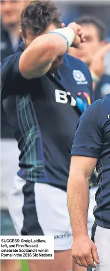  ??  ?? SUCCESS: Greig Laidlaw, left, and Finn Russell celebrate Scotland’s win in Rome in the 2016 Six Nations