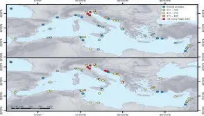  ??  ?? Les sites Unesco méditerran­éens menacés par les inondation­s en 2000 (a) et 2100 (b).