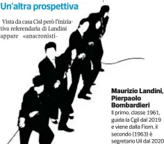  ?? ?? Un’altra prospettiv­a Vista da casa Cisl però l’iniziativa referendar­ia di Landini appare «anacronist­imancare
Maurizio Landini, Pierpaolo Bombardier­i
Il primo, classe 1961, guida la Cgil dal 2019 e viene dalla Fiom, il secondo (1963) è segretario Uil dal 2020