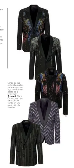  ??  ?? Cinco de las ocho chaquetas y cazadoras de lujo que forman parte de la colección Armani Stars Collection, que ya está a la venta en una selección de tiendas.