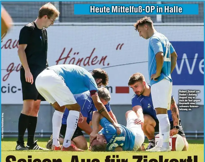  ??  ?? Robert Zickert am Boden - Anfang August zog er sich im Test gegen Bayreuth eine schwere Knieverlet­zung zu.
