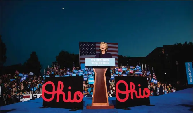  ??  ?? COLUMBUS: In this Oct 10, 2016 file photo, Democratic presidenti­al candidate Hillary Clinton smiles while speaking at a rally at The Ohio State University.