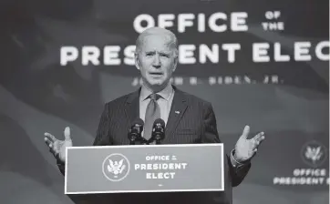  ?? KRISTON JAE BETHEL The New York Times ?? President-elect Joe Biden must deal with the continuing coronaviru­s pandemic, the economy and trying to unite a fractured nation once he assumes office on Jan. 20.