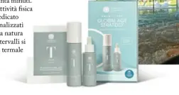  ?? ?? A destra, un momento di relax nella piscina termale interna. Sotto, i prodotti e il kit Global Age Strategy di Terme di Comano Skincare.