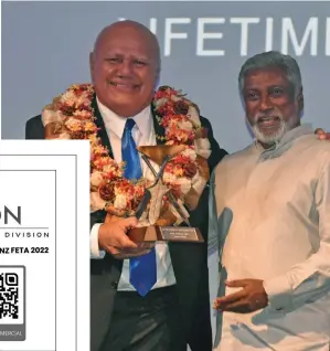  ?? Photo: Waisea Nasokia ?? Deputy Prime Minister and Minister for Tourism and Civil Aviation Viliame Gavoka hands over the lifetime award to Tour Managers managing director Damen Gounder during the 2022 Fiji Excellence in Tourism Awards at the Sofitel Fiji Resort and Spa on February 25, 2023.